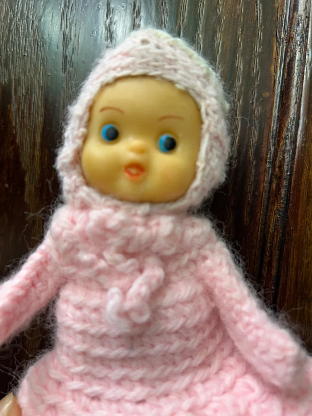 VTG Handmade Kewpie Blue Eyed Baby Doll Soft Vinyl Face Pink Crochet Kawaii 7